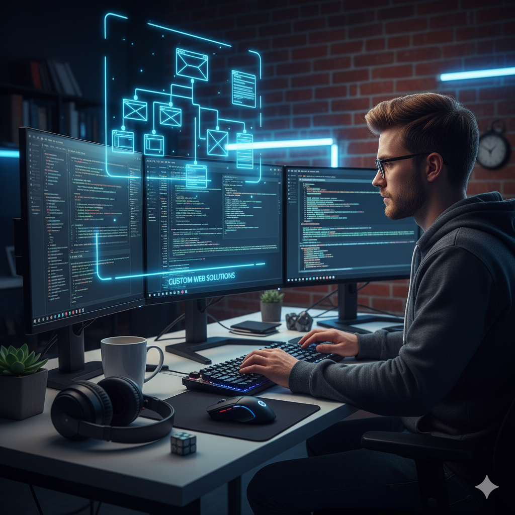 Dois programadores a colaborar num escritório moderno