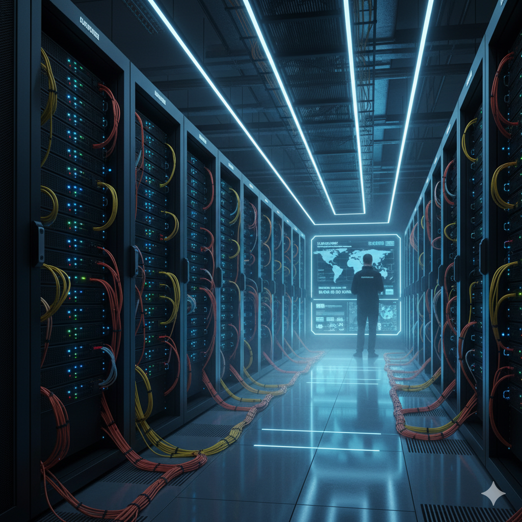 A stylized 3D rendering of a neural network or AI brain with glowing connections.